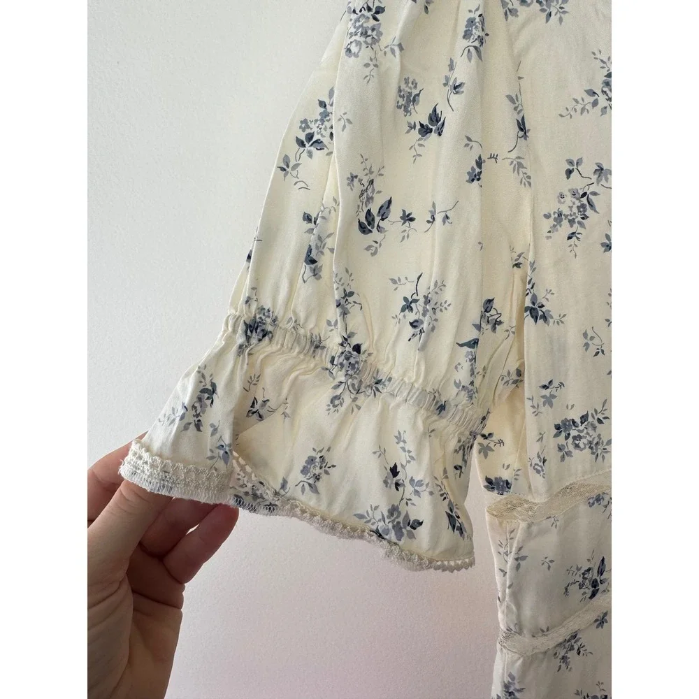 Reformation Cream Floral Square-Neck Peplum Blouse